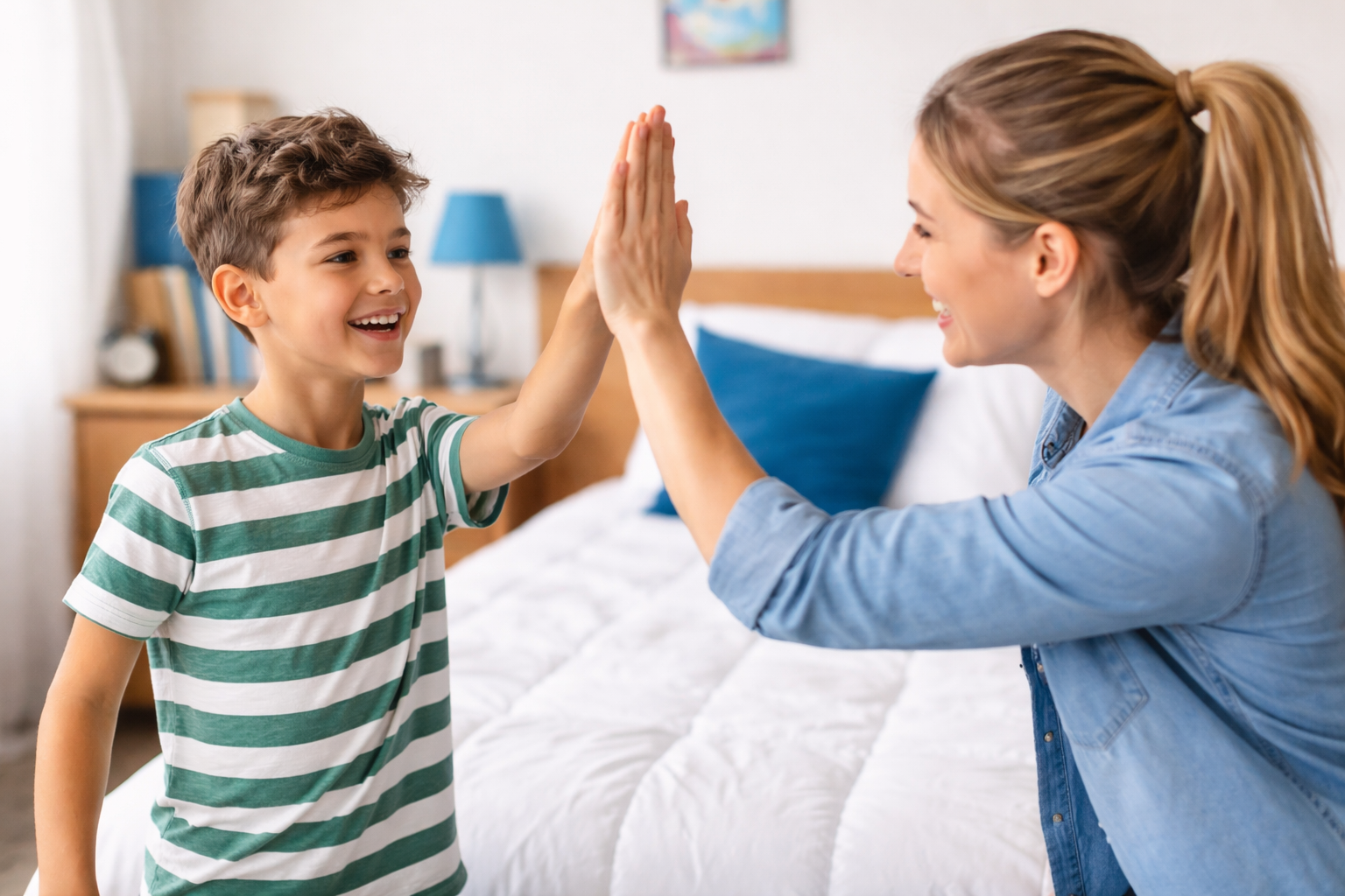 30 day kids responsibility challenge - child high-fiving parent after completing the make your bed challenge at Mastery Martial Arts