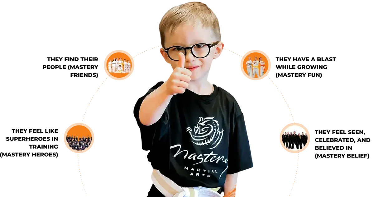 Happy child giving thumbs up at Mastery Martial Arts in Troy, MI