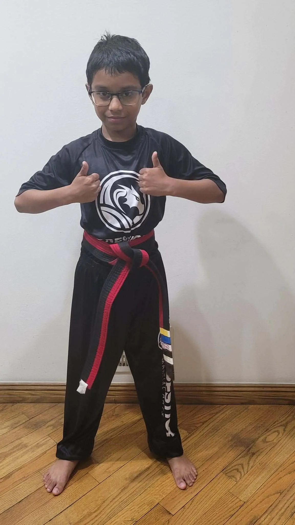 Mastery Martial Arts Troy MI student wearing his red and black belt, the seventeenth of the 18 karate belts