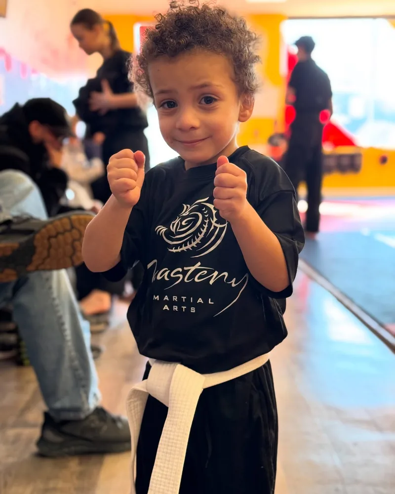 Tiny Tigers Karate Ages 3-4 | Build Focus & Confidence | Mastery Martial Arts 2 Young boy in guard stance during karate classes for 3 year olds at Mastery Martial Arts Troy MI